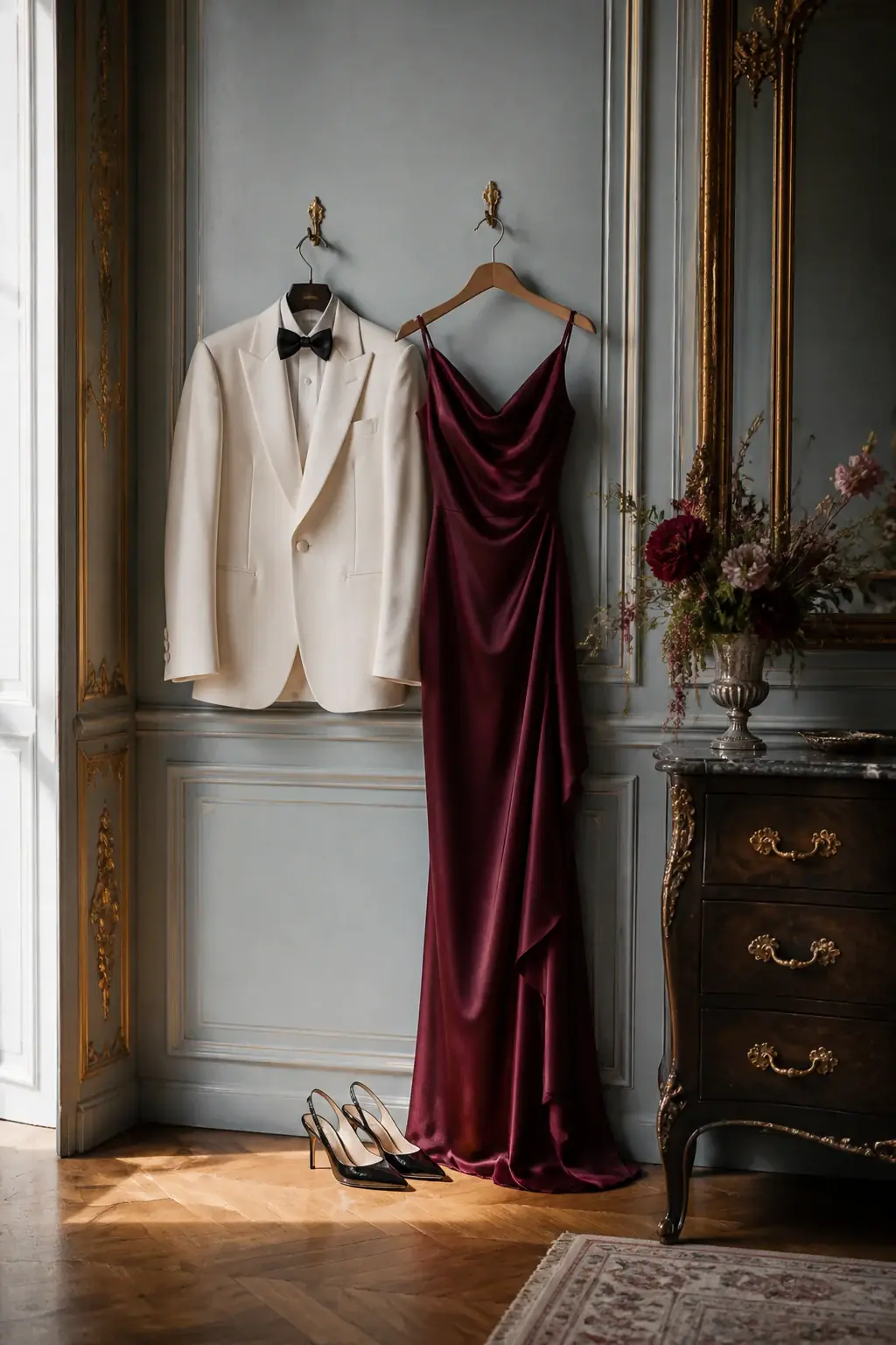 Vestuario elegante en tonos marfil y granate para el código de vestimenta de una boda