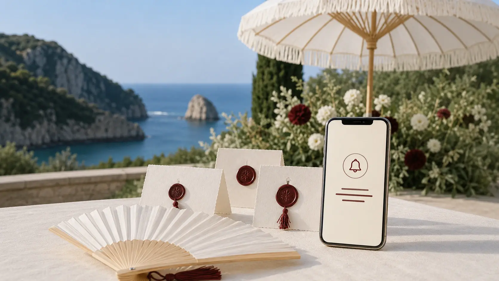 Notificación digital para invitados junto a la papelería de una ceremonia de boda